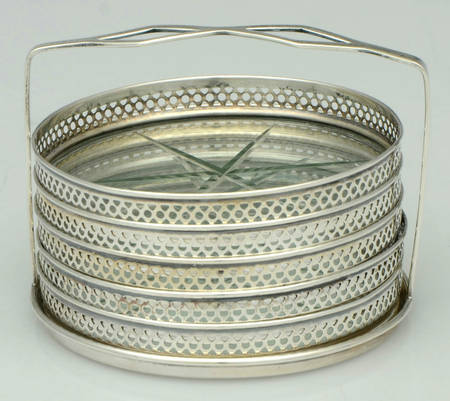 Sterling Hollowware Crystal Coaster with Sterling Rim - Set of 5 with Holder