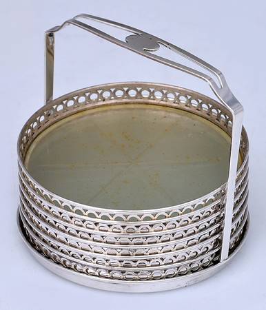 Sterling Hollowware Set of 6 Crystal Coaster W/Sterling Rims in Holder