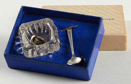 John & Priscilla (Sterling, 1940, No Monos) Salt Spoon with Crystal Dip & Box