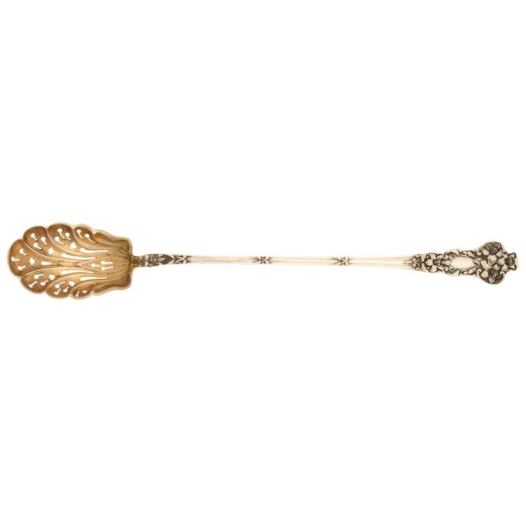 Bridal Flower (Sterling, 1910, No Monograms) Pierced Bowl Long Handle Olive Spoon