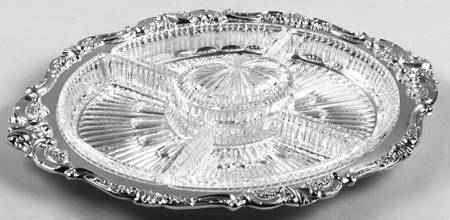 Baroque (Silverplate, Hollowware, Older) 5 Part Relish with Glass Liners & Lid