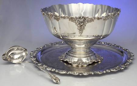 Baroque (Silverplate, Hollowware, Older) Punch Bowl, Tray & Ladle (LAPSSI, PUN & PUNT)