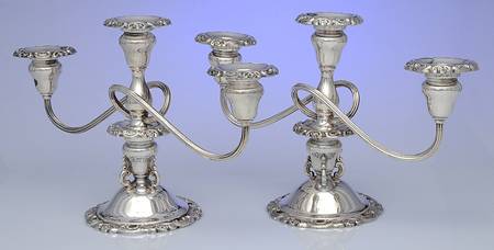 Baroque (Silverplate, Hollowware, Older) Pair of 3 Light Small Candelabra