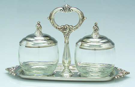 Baroque (Silverplate, Hollowware, Older) Jam/Jelly Set (2 Glass Jars W/Metal Lids & Stand)