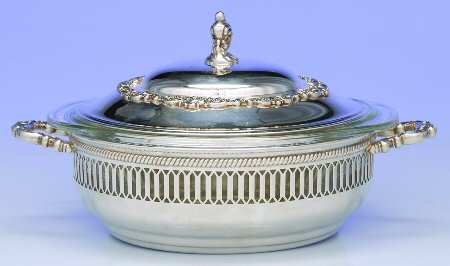 Baroque (Silverplate, Hollowware, Older) Plated Round Covered Casserole with Glass