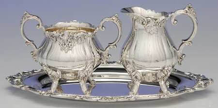 Baroque (Silverplate, Hollowware, Older) Plated Individual Creamer, Sugar and Tray