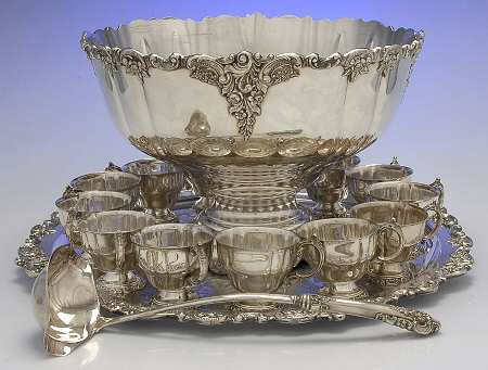 Baroque (Silverplate, Hollowware, Older) Punch Set (Bowl,  12Cups, Tray & Str&Svlp Ladle)