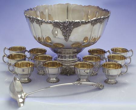 Baroque (Silverplate, Hollowware, Older) Punch Set-Bowl, Ladle & 12 Cups