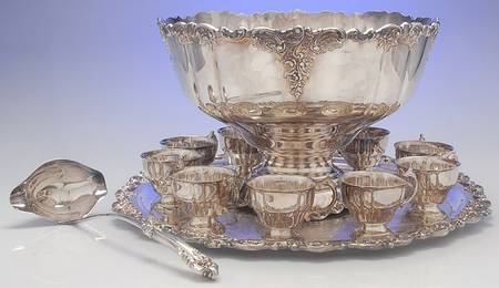 Baroque (Silverplate, Hollowware, Older) Punch Set-Bowl,10 Cups,Tray & Ladle