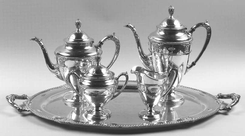 Rose Point (6702, Silverplate, Hollowware) 5-Piece Silverplate Tea Set (with Tray)