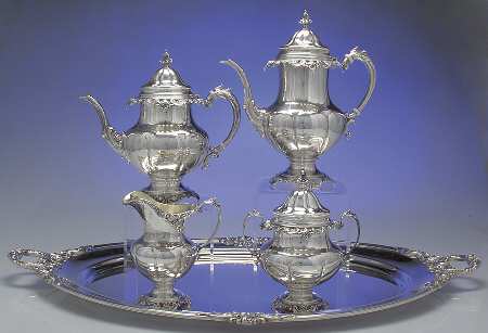 Grande Baroque (Sterling, Hollowware, 1 Hallmark) 5 Piece Tea Set (SCP, STP, SCR, SSU, WTL)