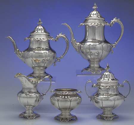 Grande Baroque (Sterling, Hollowware, 1 Hallmark) 5 Piece Tea Set (SCP, STP, SCR, SSU, SWB)