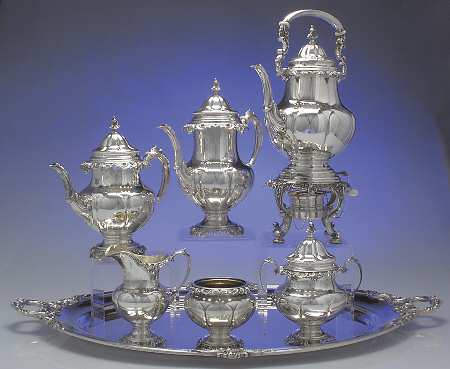 Grande Baroque (Sterling, Hollowware, 1 Hallmark) 7 Piece Tea Set (SCP, STP, SCR, SSU, SWB, SKES & WTL)