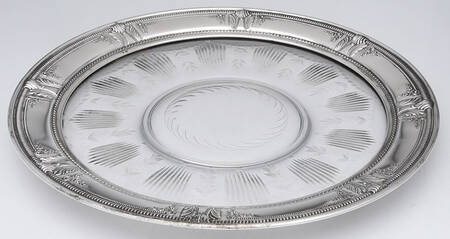 Stradivari (Sterling, Hollowware, Design on Top) 17" Round Crystal Tray with Sterling Rim