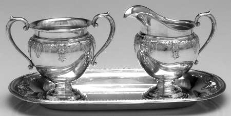 Stradivari (Sterling, Hollowware, Design on Top) Sterling Creamer, Open Sugar and Tray Set