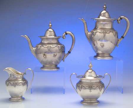 Stradivari (Sterling, Hollowware, Design on Top) 4 Piece Tea Set (SCP, STP, SCR, SSU)