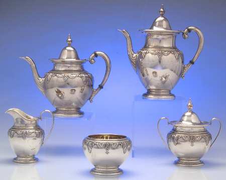 Stradivari (Sterling, Hollowware, Design on Top) 5 Piece Tea Set (SCP, STP, SCR, SSU, SWB)