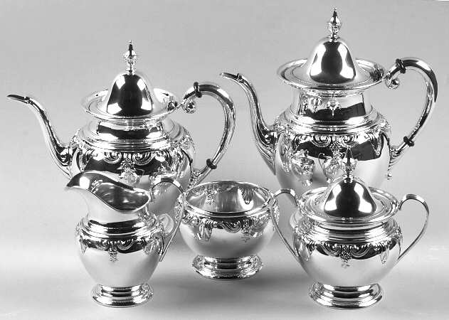 Stradivari (Sterling, Hollowware, Design on Top) 5 Piece Tea Set (SCP, STP, SCR, SSU, SWB)
