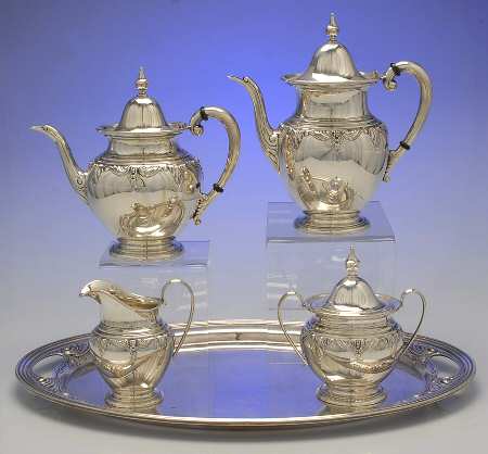 Stradivari (Sterling, Hollowware, Design on Top) 5 Piece Tea Set (SCP, STP, SCR, SSU, SWTM)