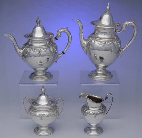 Stradivari (Sterling, Hollowware, Design on Top) 4 Piece Tea Set (SCP, STP, SCR, SSU)