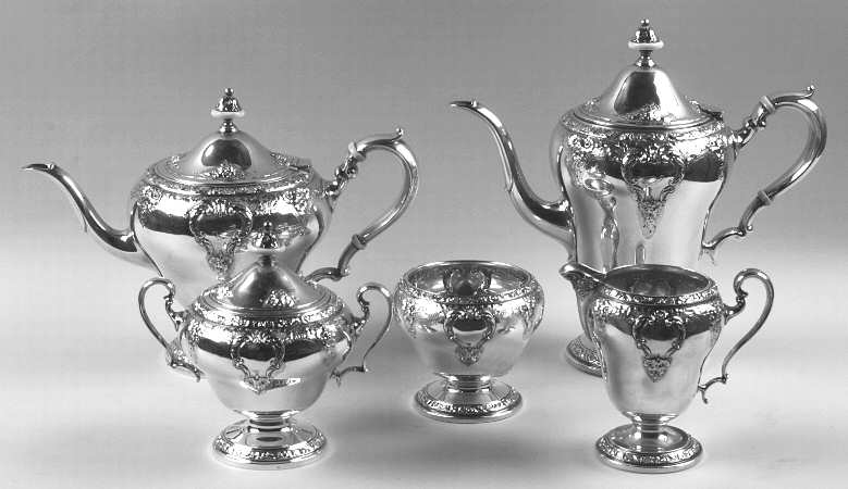 Meadow Rose (Sterling, Hollowware Only) 5 Piece Tea Set (SCP, STP, SCR, SSU, SWB)