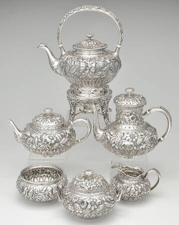 412D (Sterling, Hollowware) 6 Piece Tea Set (SCP, STP, SCR, SSU, SWB, SKES) by Whiting Manf Co