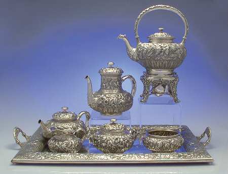 412D (Sterling, Hollowware) 7-Piece Tea Set with Silverplate Comp Tray