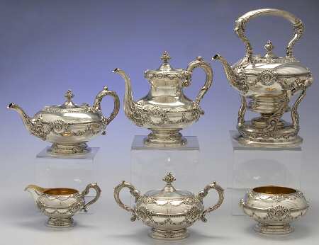 Imperial Queen (Sterling, 1893, Hollowware) 6 Piece Tea Set (SCP, STP, SCR, SSU, SWB, SKES)
