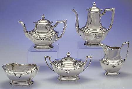 Carmel (Sterling, 1912, Hollowware) 5 Piece Tea Set (SCP, STP, SCR, SSU, SWB)
