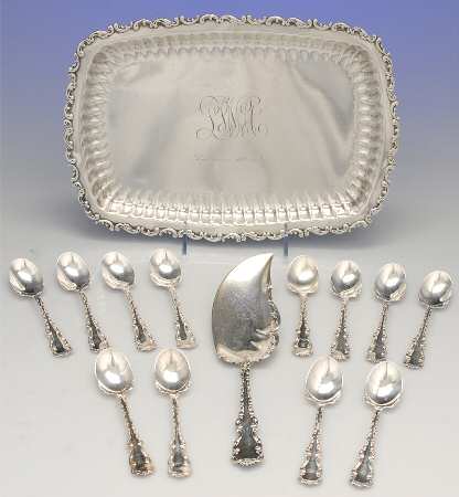 Louis XV (Sterling, 1891, Hollowware) 14 Piece Ice Cream Set (Server,12 Spoons & Tray)