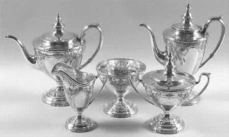Navarre (Sterling, 1908, Hollowware) 5 Piece Tea Set (SCP, STP, SCR, SSU, SWB)