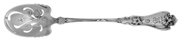 Violet (Sterling, 1905, Monograms) Pierced Bowl Short Handle Olive Spoon by Whiting Manf Co