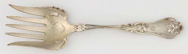 Violet (Sterling, 1905, Monograms) Large Solid Tined Sardine Serving Fork by Whiting Manf Co