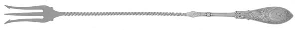 Arabesque (Sterling, 1875, Monograms) Olive Fork W/Long Twist Handle by Whiting Manf Co