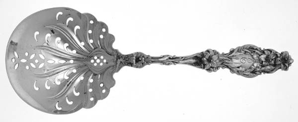 Lily (Sterling, 1902, Lion-Pat. 1902, Monograms) Large Pierced Pea Serving Spoon