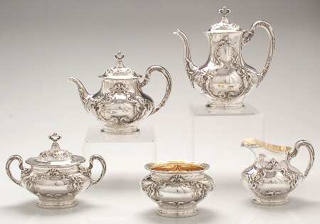Eton (Sterling, Hollowware) 5 Piece Tea Set (SCP, STP, SCR, SSU, SWB)