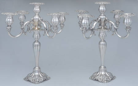 Baroque (Silverplate, Hollowware, Newer) Pair of Large 5 Light Candelabras