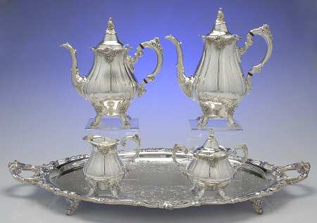 Baroque (Silverplate, Hollowware, Newer) 5-Pc Silverplate Tea Set with Footed Tray
