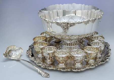 Baroque (Silverplate, Hollowware, Newer) Punch Set (Bowl,  12 Cups, Tray and Ladle)