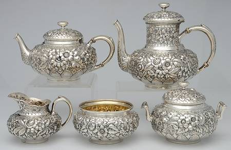 412R (Sterling, Hollowware) 5 Piece Tea Set (SCP1, STP1, SCR1, SSU1, SWB1)