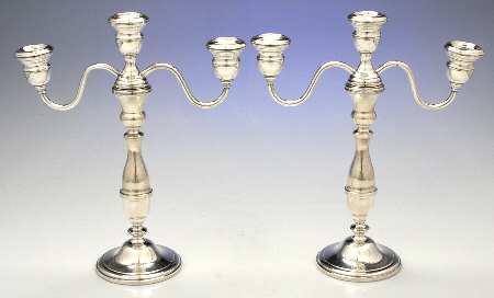621 (Sterling, Hollowware) Pair of Weighted 3 Light Candelabra
