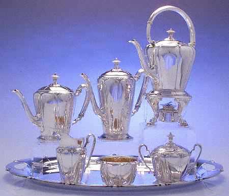Lotus (Sterling, Hollowware, Scallop Base) 7 Piece Tea Set (SCP, STP, SCR, SSU, SWB, SKES & WTL)