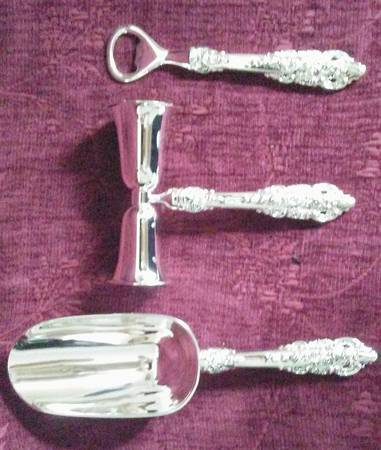 Antique Baroque (Silverplate) 3 Piece)Bar Set (Bottle Opener,Ice Scoop & Jigger)