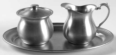 1136 (Pewter, Hollowware) Mini Creamer, Covered Sugar & Tray Set