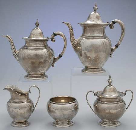 Kingston (Sterling, Hollowware) 5 Piece Tea Set (SCP, STP, SCR, SSU, SWB)