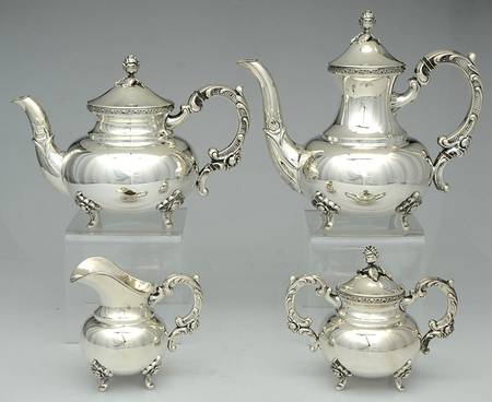 W9L1 (Sterling, Hollowware) 4 Piece Tea Set (SCP, STP, SCR, SSU)