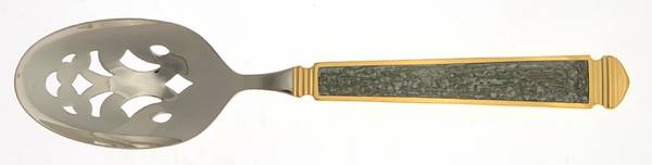Krystallos-Slate Blue (Stainless, Gold Accent) Pierced Tablespoon (Serving Spoon)