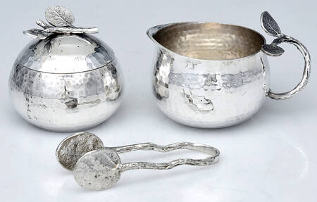 Botanical Leaf (Nickelplate, Hollowware) Creamer & Covered Sugar with Sugar Tongs