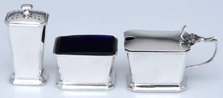 Sterling Hollowware Master Salt w/Cobalt Liner, Pepper Shaker & Mustard Pot w/Cobalt Liner