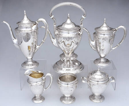 1700 (Sterling, Hollowware) 6 Piece Tea Set (SCP, STP, SCR, SSU, SWB, SKES)